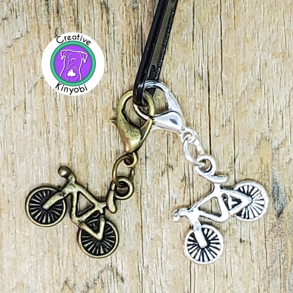 Bicycle charm in silver or bronze, double sided bike zipper charm, biking charm, cyclist clip on charm, 3d charm, Fast Shipping from USA