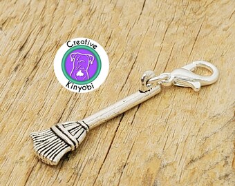 Broom charm, flying broom zipper charm, broom clip on charm, wizard or witch broom charm on lobster clasp, Fast Shipping from USA CS598B