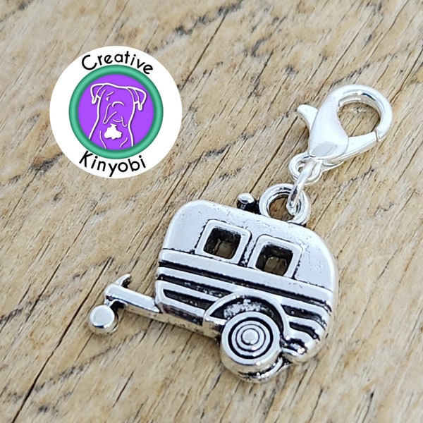 Happy camper clip on charm, silver camping bracelet charm, zipper charm, camp charm  with lobster claw clasp Fast Shipping from USA