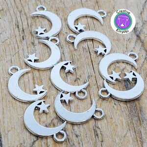 Moon with star charms, double-sided silver moon charms, flat moon charms for DIY jewelry making, 10 moon charms shipped fast from USA