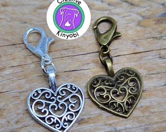 Filigree heart clip-on charm, your choice of silver or bronze zipper charm, heart-shaped charm with clasp, Fast Shipping from Montana