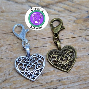 Filigree heart clip-on charm, your choice of silver or bronze zipper charm, heart-shaped charm with clasp, Fast Shipping from Montana