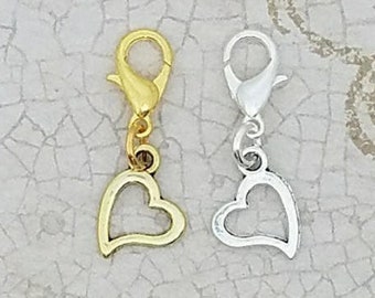 Dangling heart charm in silver or gold, little heart bracelet charm, love zipper charm,  heart clip on charm Fast Shipping from USA