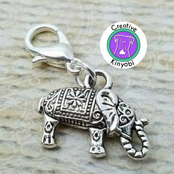 Boho silver elephant charm, pachaderm bracelet charm, 3D elephant zipper charm, elephant charm with clasp, Fast Shipping from USA