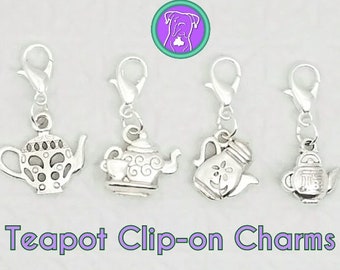 Double sided silver teapot charm with 4 different styles to choose from, zipper charm, tea charm on clasp, Fast Shipping from USA