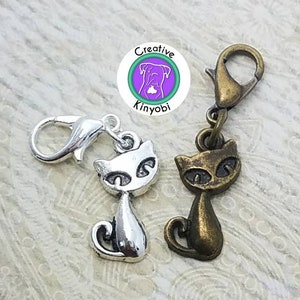 Cat zipper charm, silver or bronze cat charm with clasp, kitty clip on charm, cat stitch marker, Fast Shipping from USA CS386