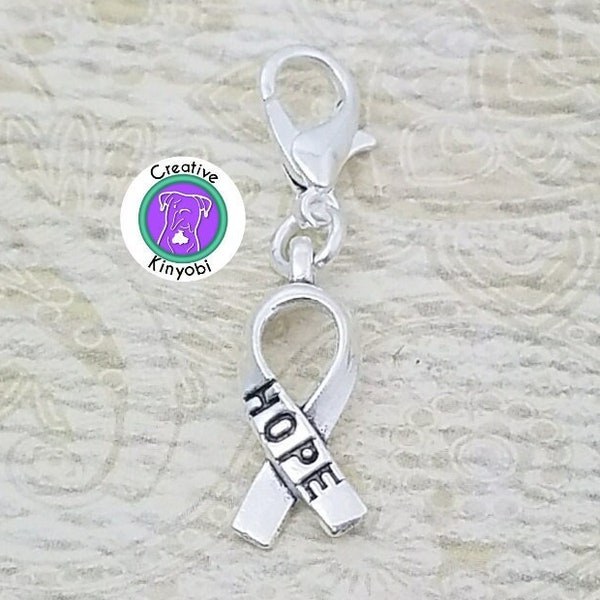 Hope ribbon charm, cancer support ribbon charm, hope zipper charm, awareness ribbon clip on charm, Fast Shipping from USA cs507b