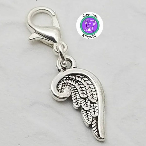 Beautiful angel wing clip on charm, silver angel bracelet charm, small angel wing zipper charm on lobster clasp Fast Shipping from Montana