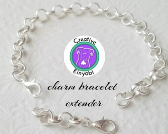 Extensor de pulsera con dije de plata, cadena rolo de aleación de zinc, dije para bolso