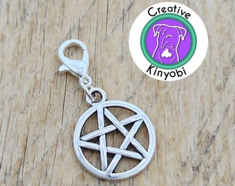 Silver pentacle charm, circled pentagram zipper charm, wiccan clip on charm, antique silver pentagram charm on clasp Fast Shipping from USA