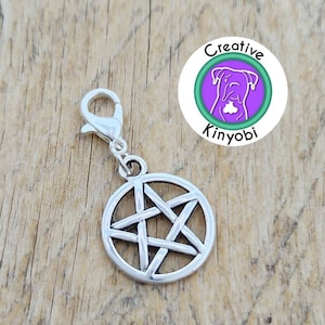 Silver pentacle charm, circled pentagram zipper charm, wiccan clip on charm, antique silver pentagram charm on clasp Fast Shipping from USA