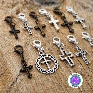Small cross charm, bronze or silver cross clipon charm, cross zipper charm with lobster clasp, Fast Shipping from MT, USA
