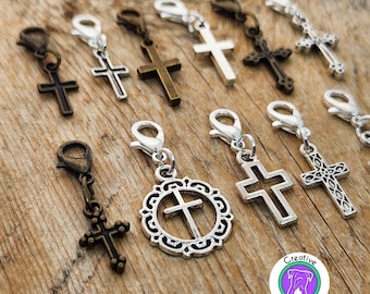 Small cross charm, bronze or silver cross clipon charm, cross zipper charm with lobster clasp, Fast Shipping from MT, USA