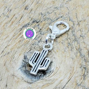 Cactus charm, cute little silver cactus clip-on charm, lightweight cactus zipper charm, tiny cactus wallet charm, Fast Shipping from Montana