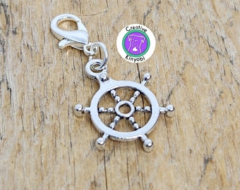 Ship's wheel charm, nautical bracelet charm, boat zipper decor, boat captain's wheel charm with attached clasp, Fast Shipping from MT