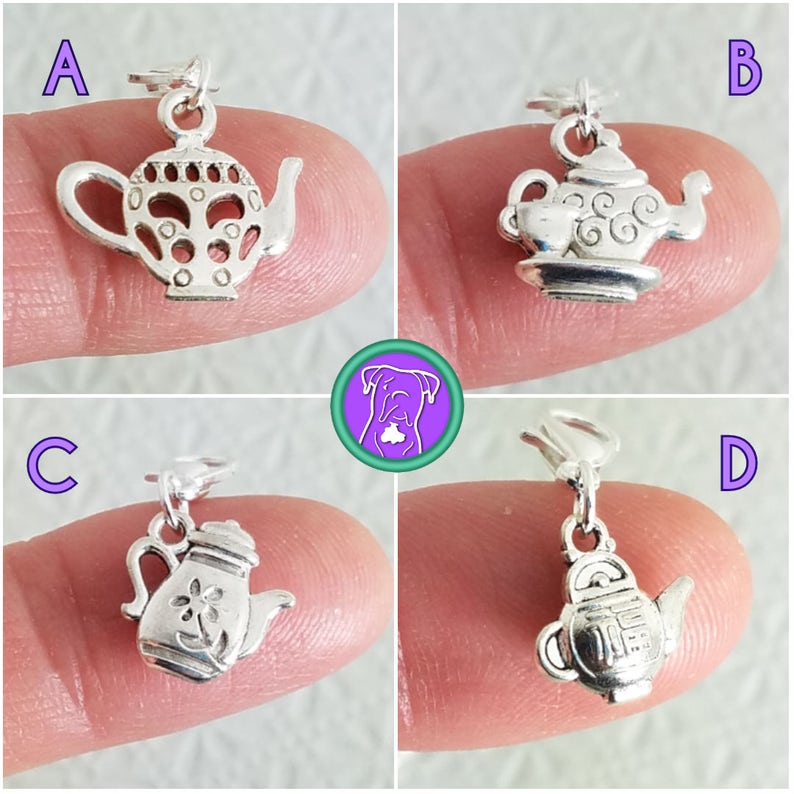 Double sided silver teapot charm with 4 different styles to choose from, zipper charm, tea charm on clasp, Fast Shipping from USA image 2