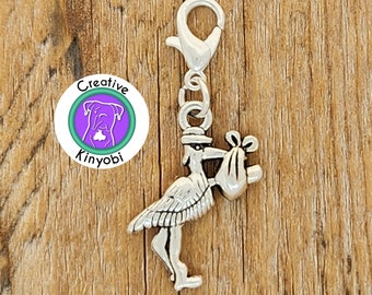 Stork and baby clip on charm, baby bundle zipper slide charm, double sided stork, fertility clip on charm, Fast Shipping from Montana