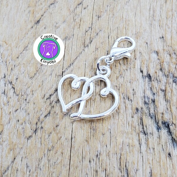 Silver hearts dangling charm, two hearts charm, heart progress keeper, double heart zipper charm charm Fast Shipping from USA cs439