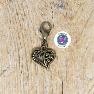 Bronze Filigree Heart Charm, Lobster Clasp Zipper Charm