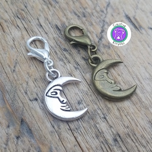 Sichel Mond Anhänger mit Karabiner, Silber oder Bronze Mond Clip-on Charm, Mond Charm, Mann auf dem Mond Charm, schneller Versand aus den USA