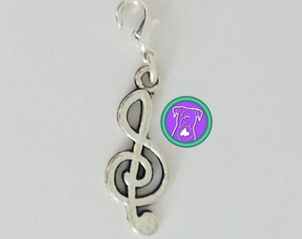 Silver music charm, music stitch marker, treble clef, zipper charm, purse charm, charm on lobster clasp, Fast Shipping from USA CS456