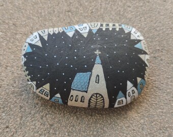 Painted pebbles - Village at night, winter, snow, pebble art, hand painted rocks, painted stones, painted rocks