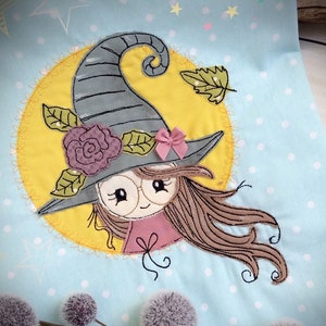 Embroidery file little witch autumn Halloween witches appliqué full moon doodle 16x26
