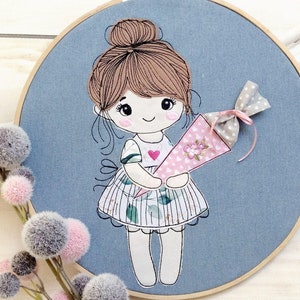 Embroidery file girl with candy cone embroidery motif school enrollment school cone doodle application 16x26