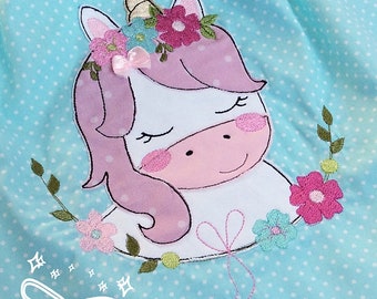 2 boho unicorn embroidery designs, doodle horse and unicorn head with flowers, 16x26