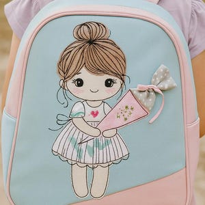 Stickdatei Mädchen mit Zuckertüte Stickmotiv Einschulung Schultüte Doodle Applikation 16x26