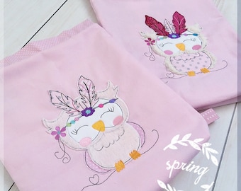 2x embroidery files boho owl embroidery file doodle owl appliqué with feather and flowers 10x10 - 4x4 inches