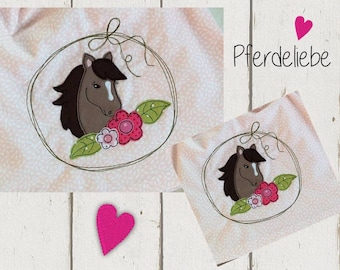 Embroidery file horse head button embroidery motif doodle pony horse horse love with flower wreath 10x10 - 4x4 inches