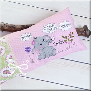 Stickdatei für Kissen Stickmotiv Elefant mit Wolken Doodle zur Taufe oder Geburt für Initialen mit Blumen  16x26
