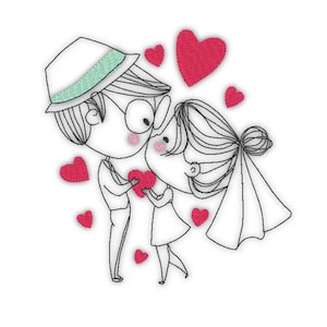 May include: A black and white line drawing of a couple holding a red heart. The woman is wearing a white veil and the man is wearing a hat. There are red hearts scattered around them.