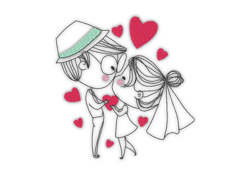 May include: A black and white line drawing of a couple holding a red heart. The woman is wearing a white veil and the man is wearing a hat. There are red hearts scattered around them.
