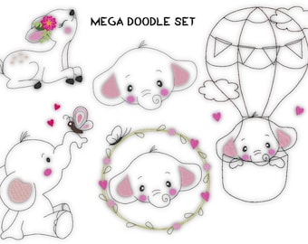 5x embroidery files, mega set, embroidery file, elephant, deer, boho, balloon, doodle, 18x30 - 7x12 inch