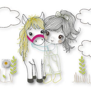 Embroidery file embroidery motif horse with girl doodle horse love with clouds for initials 16x26