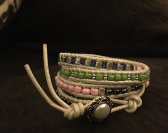 Four time leather and beaded wrap bracelet