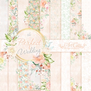 The Perfect Wedding Digital Paper, Elegant Floral Scrapbook, Peach and Ivory Backgrounds, Romantic Invitation Design