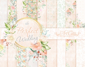 The Perfect Wedding Digital Paper, Elegant Floral Scrapbook, Peach and Ivory Backgrounds, Romantic Invitation Design