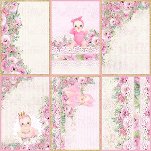Tarjeta infantil rosa, Tarjeta de diario imprimible, Etiquetas de diario, Tarjetas de flores Sobres princesita Scrapbook, papel digital Papel digital bebé