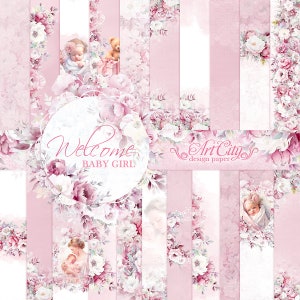 Confezione di carta digitale per neonata rosa pastello - Set di album di ritagli floreali per neonati per lavoretti per baby shower