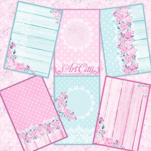 Cartão de flor rosa, cartão de diário para impressão, etiquetas de diário, cartões de flores, envelopes, étnico, álbum de recortes, papel digital, papel digital Love