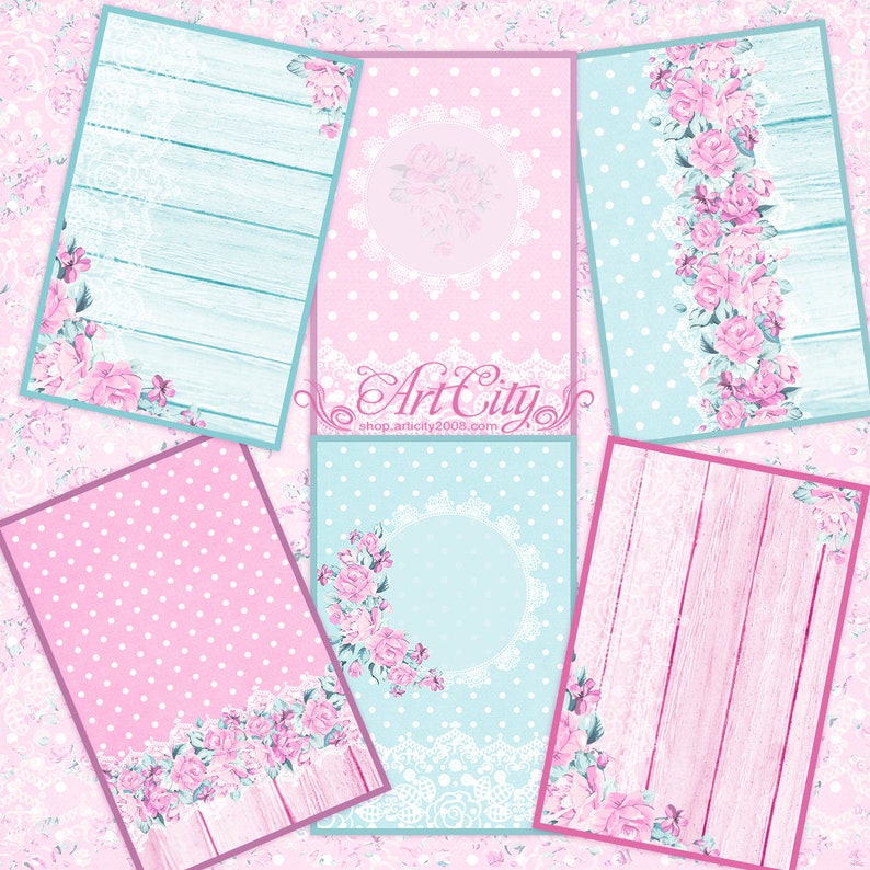 May include: Six digital paper designs featuring a pink and blue color scheme with floral patterns, polka dots, and wood grain textures. The designs are perfect for scrapbooking, card making, and other crafting projects.