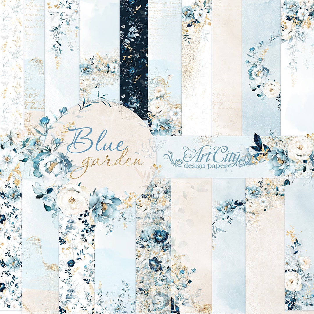 Blue Garden Digital Paper Pack, Elegant Light Blue and Gold Floral ...