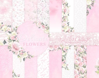 Delicate Flowers Digital Paper, Pink Floral Backgrounds, Romantic Vintage Rose Scrapbook Paper for Invitations and Crafts