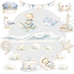 May include: Watercolor nautical-themed illustrations featuring a sailor bear, a seagull, a whale, a crab, a sailboat, seashells, a cake with a number one candle, and a sleeping bear on a crescent moon. The color palette includes blue, white, and beige.