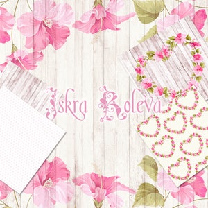 May include: A digital illustration of pink hibiscus flowers with green leaves on a white wood background. The text "Iskra Koleva" is written in pink cursive script in the center of the image.
