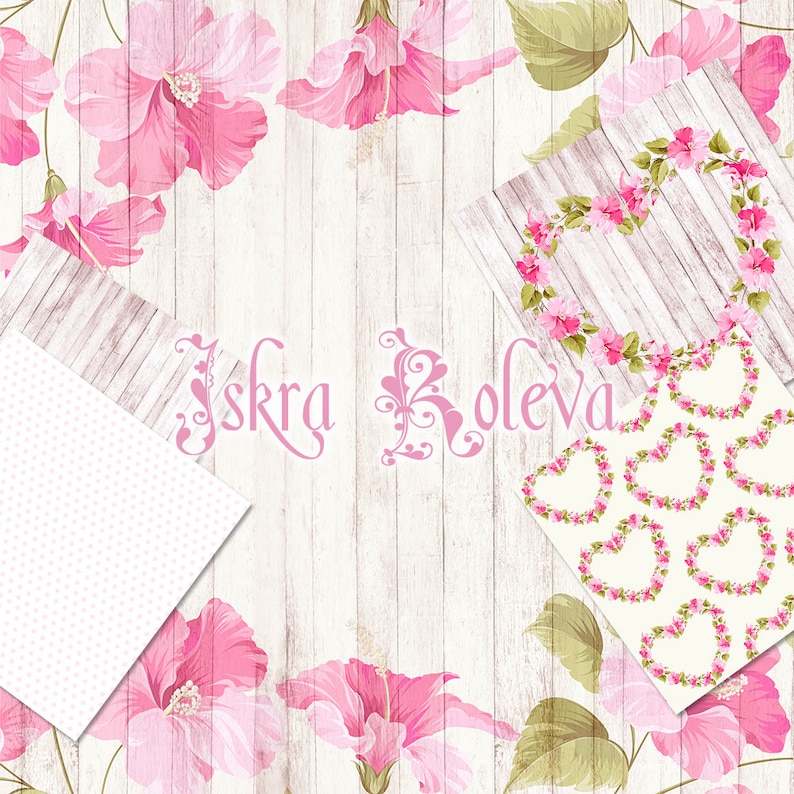 May include: A digital illustration of pink hibiscus flowers with green leaves on a white wood background. The text "Iskra Koleva" is written in pink cursive script in the center of the image.