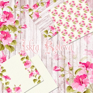 May include: A digital paper pack with a white wood background and pink hibiscus flowers. The pack includes four different patterns: a polka dot pattern, a striped pattern, a floral pattern, and a pattern with pink hibiscus flowers in circles.